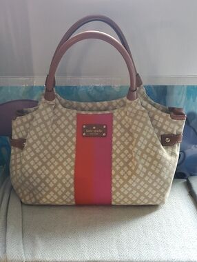 Kate spade Beige Canvas Tote with Pink and Orange Stripe